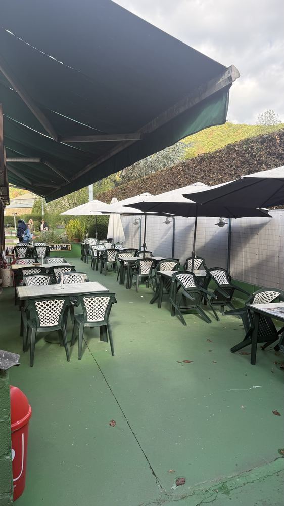 La terrasse sous auvent vert, avec ses tables et ses parasols